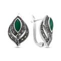 Серьги из чернёного серебра с нат. зеленым агатом и марказитами