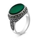 Кольцо из чернёного серебра с нат.зелёным агатом и марказитами