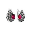 Серьги из серебра с марказитами, корунд рубиновым и чернением родированные