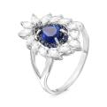 Кольцо из серебра с пл. кварц.  цв. сапфир и фианитами родированное