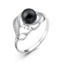 Кольцо из серебра с чёрным жемчугом Swarovski и фианитами родированное