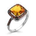 Кольцо из серебра с пл.кварцем цв.цитрин и фианитами родированное