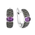 Серьги из чернёного серебра с натуральным аметистом и марказитами родированные