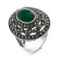 Кольцо из чернёного серебра с нат.зелёным агатом и марказитами