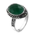 Кольцо из чернёного серебра с нат.зелёным агатом и марказитами