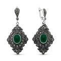 Серьги из чернёного серебра с нат.зелёным агатом и марказитами