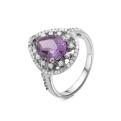 Кольцо из серебра с нат. аметистом и фианитами родированное