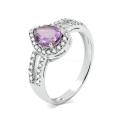 Кольцо из серебра с нат.аметистом и фианитами родированное