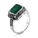 Кольцо из чернёного серебра с нат.зелёным агатом и марказитами