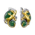 Серьги из серебра с нат.зеленым агатом родированные