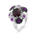 Кольцо из серебра с нат. чароитом и фианитами родированное