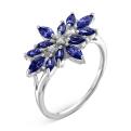 Кольцо из серебра с синт. сапфиром и фианитами родированное