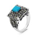 Кольцо из чернёного серебра с синт. бирюзой и марказитами