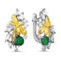 Серьги из серебра с нат.зелёным агатом, фианитами и позолотой родированные