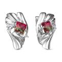 Серьги из серебра с пл. кварц. цв. красно-зеленый турмалин и фианитами родированные