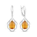 Серьги из серебра с пл.кварцем цв.цитрин и фианитами родированные