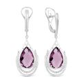 Серьги из серебра с пл.кварцем цв.родолит и фианитами родированные
