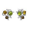 Серьги из серебра с плавленным кварцем цвета цитрин, хризолит, раухтопаз и фианитами родированные