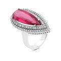 Кольцо из серебра с пл.кварцем цв.рубин и фианитами родированное