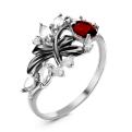 Кольцо из серебра с нат.гранатом, и фианитами родированное