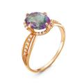 Кольцо из золочёного серебра с пл. кварцем цв. мистик и фианитами
