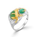 Кольцо из серебра с нат. зелёным агатом и золочением родированное