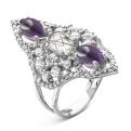 Кольцо из серебра с гт аметистом, гт кварцем и фианитами родированное