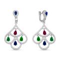 Серьги из серебра с пл.зелёным кварцем, пл.кварцем цв.рубин, цв.сапфир и фианитами родированные