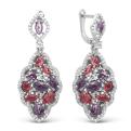 Серьги из серебра с пл.кварцем цв.аметист, рубин и фианитами родированные