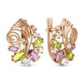 Серьги из золочёного серебра с пл.кварцем цв.хризолит,аметист и фианитами