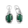 Серьги из серебра с нат.малахитом и фианитами родированные