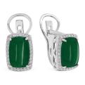 Серьги из серебра с нат.зелёным агатом и фианитами родированные