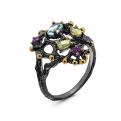 Кольцо из серебра с нат.топазом, аметистом,хризолитом и золочением родированное