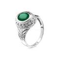 Кольцо из серебра с нат. зеленым агатом родированное