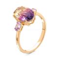 Кольцо из золоченого серебра с иск. аметрином и кварцем