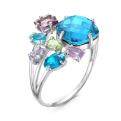 Кольцо из серебра с пл.кварцами цв.топаз, аметист, хризолит родированное