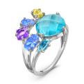 Кольцо из серебра с пл.кварцем цв.топаз, сапфир, аметист и цитрин родированное