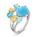 Кольцо из серебра с синт.бирюзой, пл.кварцем топаз, лунный голубой и цитрин родированное
