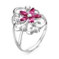 Кольцо из серебра с пл.кварцем цв.рубин и фианитами родированное