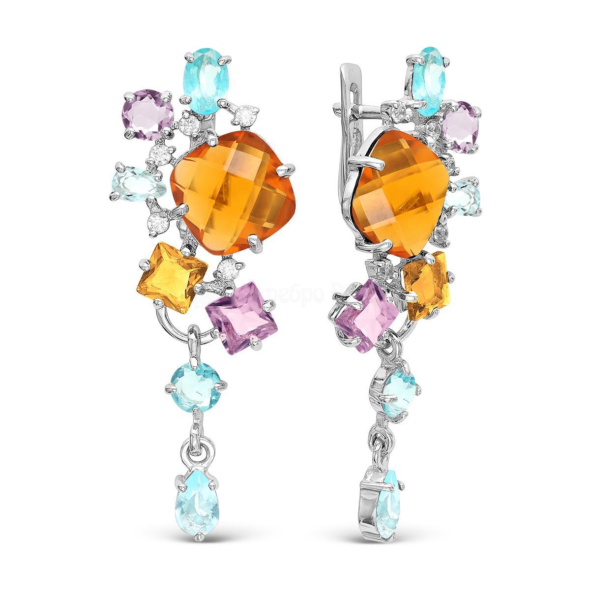 Серьги из серебра с пл.кварцем цв.цитрин,топаз,аметист родированные