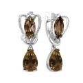 Серьги из серебра с нат.раухтопазом и фианитами родированные