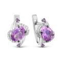 Серьги из серебра с нат. аметистом, пл. кварцем цв. аметист и фианитами родированные
