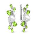 Серьги из серебра с культ.жемчугом, пл.кварцем цв.хризолит и фианитами родированные