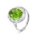 Кольцо из серебра с пл.кварцем цв.хризолит и фианитами родированное