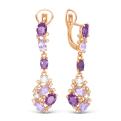 Серьги из золочёного серебра с пл.кварцем цв.аметист и фианитами