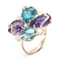 Кольцо из золочёного серебра с пл.кварцем цв.топаз, аметист и фианитами