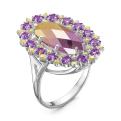 Кольцо из серебра с пл. кварцем цв. аметрин и фианитами родированное