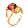 Кольцо из золочёного серебра с плавленым кварцем цвета турмалин арбузный