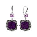 Серьги из чернёного серебра с нат. друзой агата, нат. аметистом, эмалью и марказитами