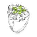 Кольцо из серебра с пл.кварцем цв.хризолит и фианитами родированное